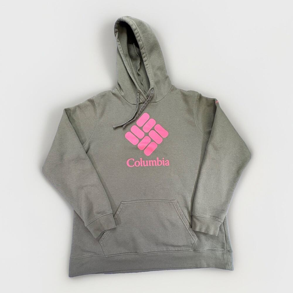 Columbia Womens Trek Graphic Hoodie Olive Green Pink Logo Size 1X Plus Size